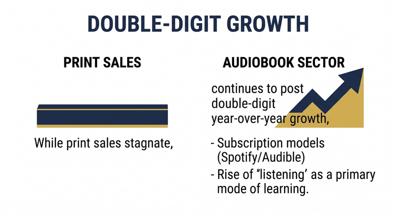 Side by side comparison of flat print sales against the audiobook sector's double digit year over year growth