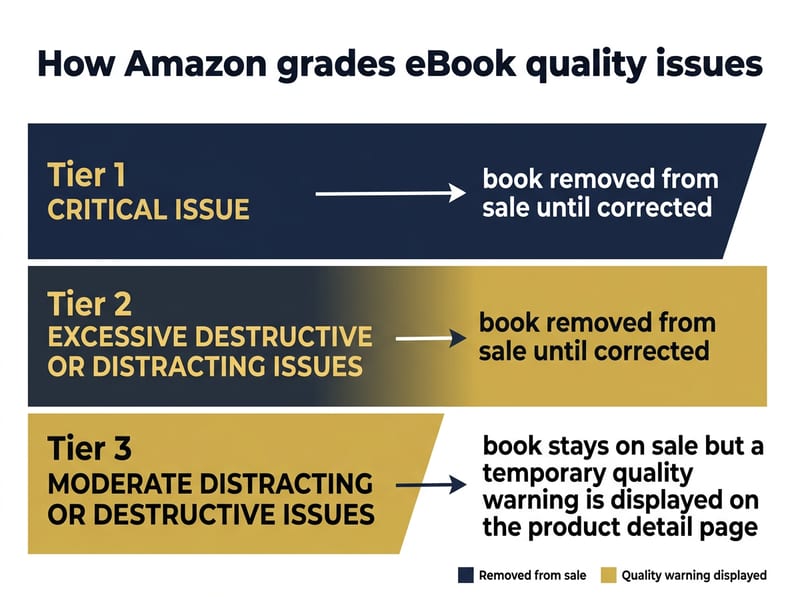 Three-tier diagram of Amazon eBook quality issues, from Critical removal from sale to a temporary quality warning