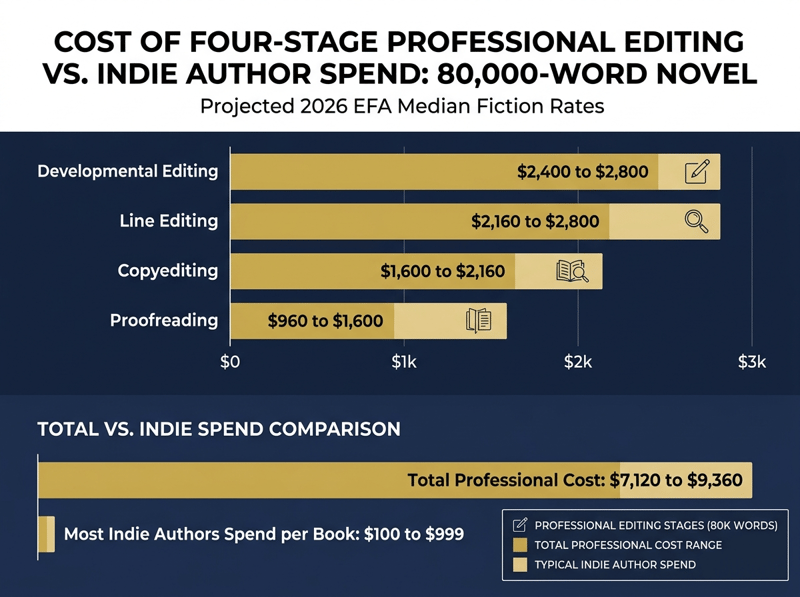 Bar chart comparing a $7,120 to $9,360 four-stage professional edit with typical indie spend of $100 to $999