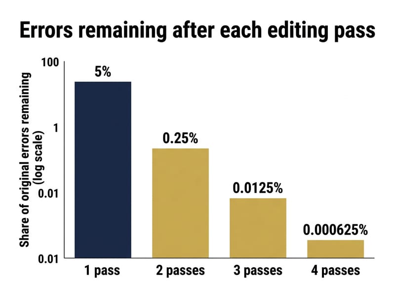 Descending column chart showing 5 percent of errors remaining after one pass and 0.0125 percent after three passes