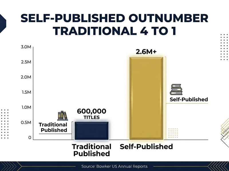 Bar chart showing 2.6M plus self-published titles versus traditional publishing in the US, illustrating that indie books outnumber traditional by more than 4 to 1