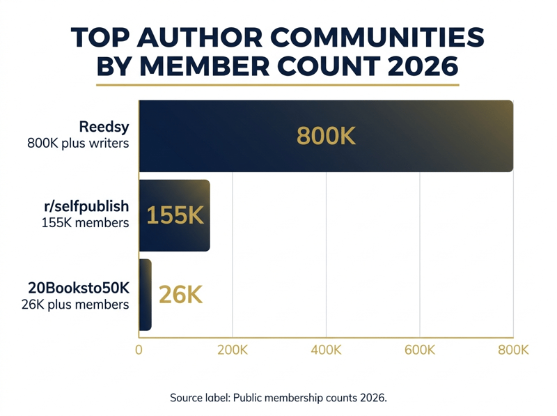 Horizontal bar chart comparing top author communities by member count: Reedsy 800K plus, r/selfpublish 155K, 20Booksto50K 26K plus members