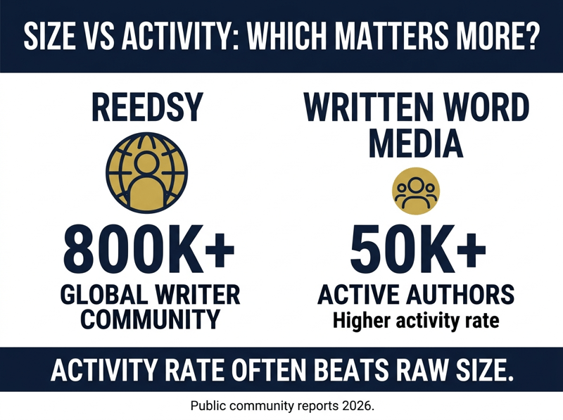 Side-by-side comparison of Reedsy 800K plus writers and Written Word Media 50K plus active authors, showing that activity rate often beats raw size