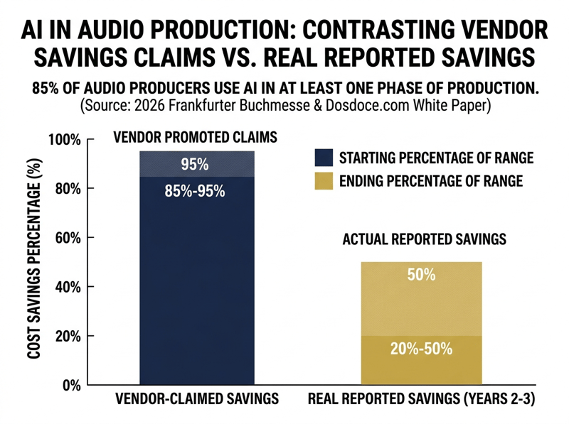 Bar chart contrasting vendor-claimed AI production savings of 85 to 95 percent against real reported savings of 20 to 50 percent