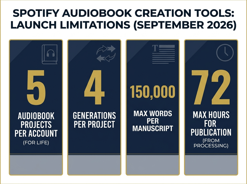 Scorecard of Spotify Audiobook Creation Tools limits: 5 project slots, 4 generations, 150,000 word cap, 72 hour publish time