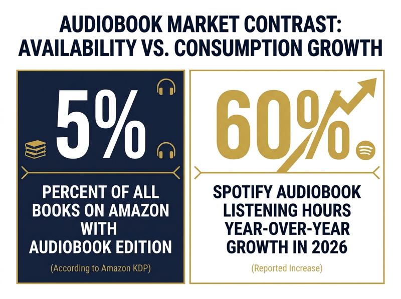 Comparison showing only 5 percent of Amazon books have an audiobook edition while Spotify audiobook listening hours grew 60 percent year over year