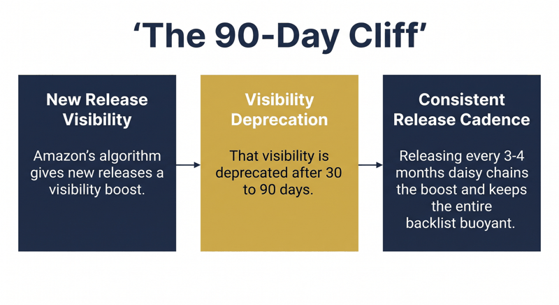 Three-step diagram: new release visibility, deprecation after 30 to 90 days, then a 3-4 month release cadence