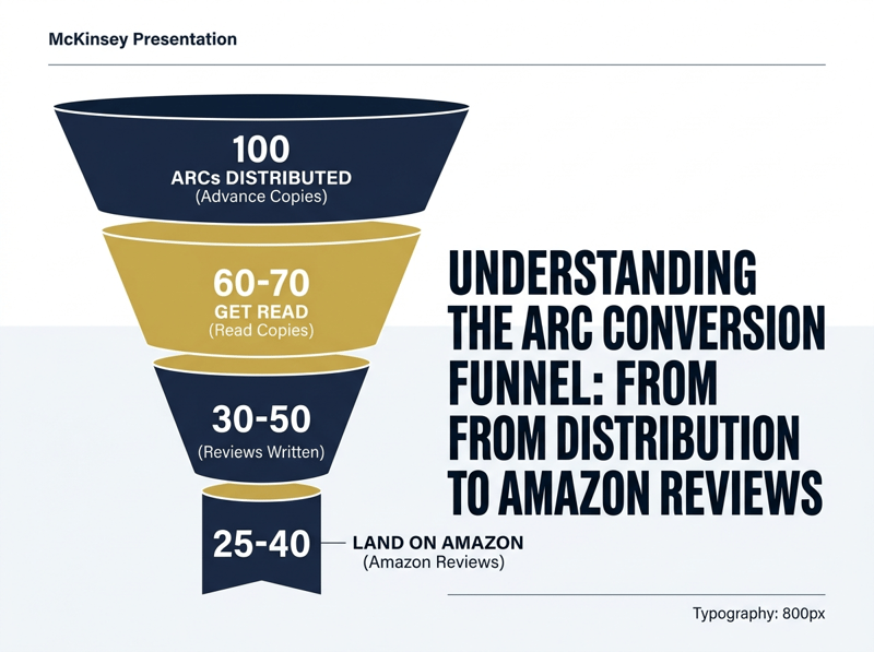 Funnel diagram showing 100 advance review copies narrowing to 60 to 70 read, 30 to 50 reviews posted, and 25 to 40 landing on Amazon