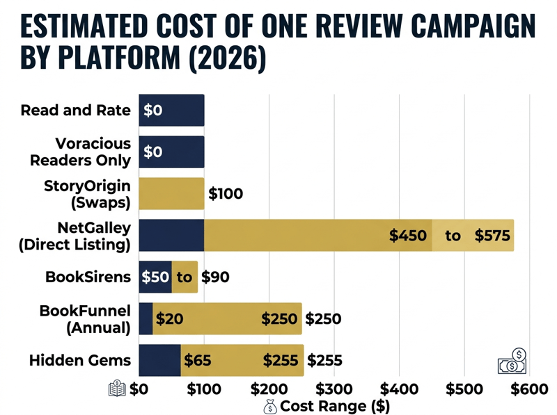 Horizontal bar chart ranking review platform costs per campaign from free to 575 dollars across Read and Rate, BookFunnel, StoryOrigin, BookSirens, Hidden Gems and NetGalley
